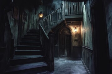 Wall Mural - a dark hallway with a staircase and a door. the hallway is dimly lit and the door is closed