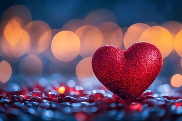 Wall Mural - a heart made of glitter sits on a bed of red rocks. the heart is surrounded by a blurry background, 