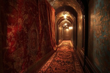 Wall Mural - a long hallway with a red carpet and blue wall