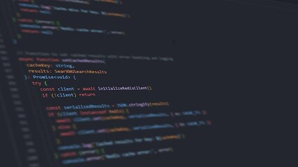 Close up of programming code running on dark computer screen. Programming and coding concept.