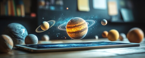 Leinwandbilder - Tablet with AR hologram of planets and galaxies in a classroom, showcasing the use of augmented reality for dynamic and engaging educational experiences