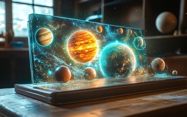 Leinwandbilder - Augmented reality hologram of planets and cosmos displayed on a tablet in a classroom, representing the future of interactive, immersive educational experiences