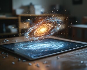 Leinwandbilder - Augmented reality hologram of the universe projected on a tablet in a classroom, illustrating AR s role in transforming educational experiences with interactive learning tools