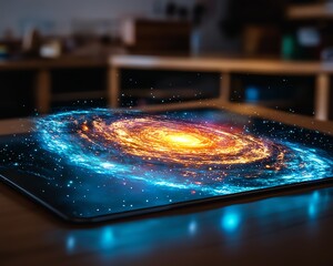 Poster - Augmented reality hologram of the universe projected on a tablet in a classroom, illustrating AR s role in transforming educational experiences with interactive learning tools