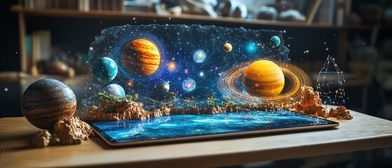 Leinwandbilder - Classroom desk with a tablet displaying a vivid augmented reality hologram of planets, stars, and cosmos, illustrating engaging and interactive AR learning tools
