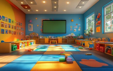 Fototapete - Dynamic and colorful elearning system for kids, featuring animated digital classrooms, engaging tools, and educational games for a fun, interactive learning experience