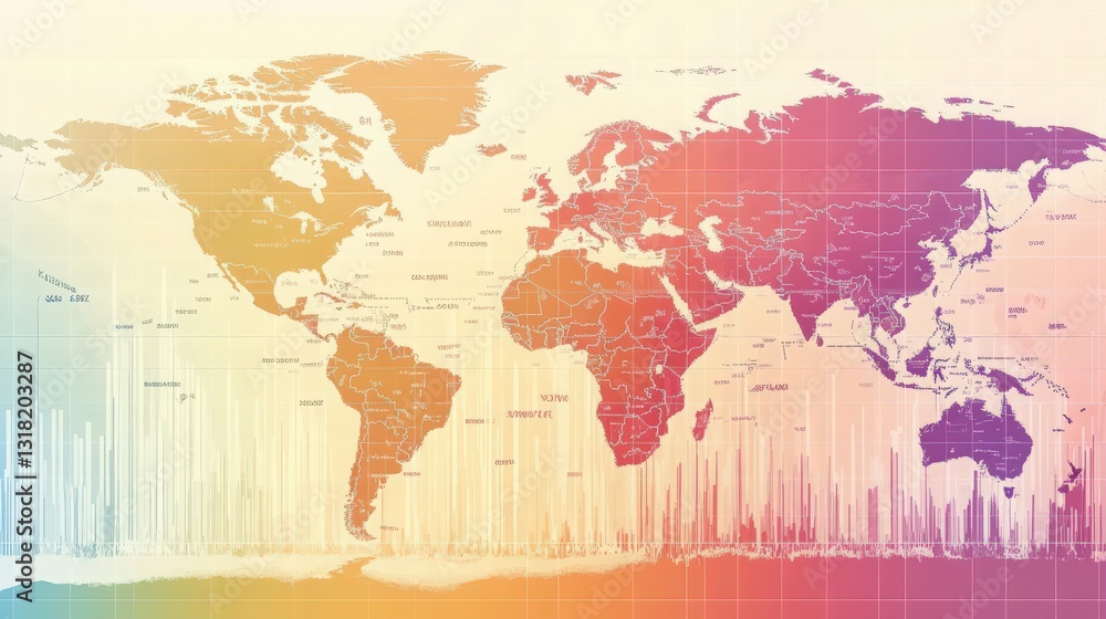 Gradient World Map with Bar Chart Overlay for Global Analysis Depiction ...