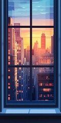 Wall Mural - capture a serene urban sunset view through a modern window showcasing a vivid city skyline filled wi