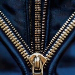 Wall Mural - close-up of a metal zipper on blue fabric