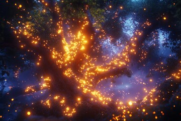 Wall Mural - a tree with glowing lights on it. the lights are orange and they are scattered all over the tree