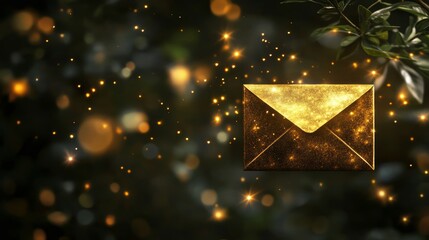 Wall Mural - A stunning golden envelope glitters amidst a magical background filled with sparkling lights, perfect for inviting joy and celebration.