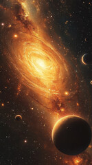 stunning golden galaxy with planets in deep space