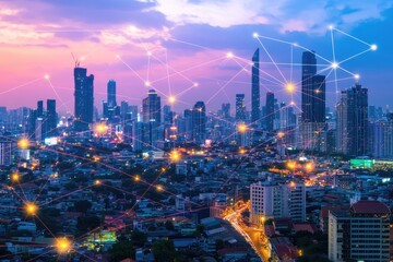 Fototapete - Urban cityscape network at twilight.  Connected skyscrapers and illuminated city lights