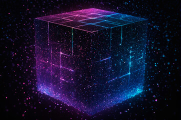 Wall Mural - A holographic Energy cube with glowing particles on a dark background, made up of many particles. Generative AI. 