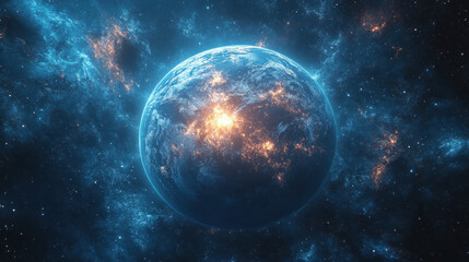 blue planet in space with glowing lights
