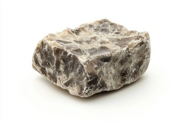 Leinwandbilder - Captivating closeup of a single flint stone revealing intricate textures and earthy tones on a white backdrop