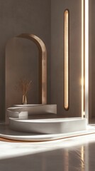 Aufkleber - Elegant minimalistic backdrop with beige walls geometric shapes vase sunlight and platforms for product display