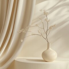 Aufkleber - Serene botanical arrangement featuring delicate white blossoms in a vase against a soft beige backdrop