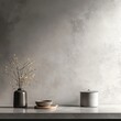 © Nutty - Serene Interior Still Life featuring Rustic Vase Bowl and Canister against Textured Gray Background