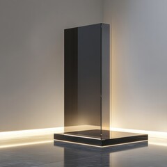 Aufkleber - Elegant black glass exhibit with illumination on marble tile in a minimal room interior design