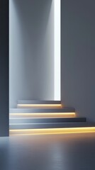 Poster - Modern interior steps with illumination, neutral tones, minimalist architecture, creating a serene atmosphere, a symbol of progress and ascendance