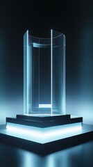 Poster - Futuristic transparent pillar on abstract stages illuminated by vibrant neon blue lighting technology