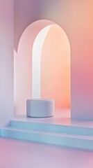 Aufkleber - Minimalist Pastel Product Podium Stage Against Arched Portal Backdrop Dreamy Atmosphere Abstract Rendered Scene