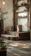 Poster - Rustic Display With Raw Wood Stools, Shelves, and Neutral Tones, Warm Interior Lighting Creates a Cozy and Inviting Ambiance