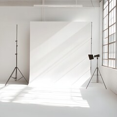Aufkleber - Bright Professional Photo Studio Interior with Lights Stands Backdrop and Natural Light Creating a Clean Visual Setting