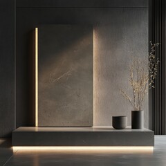 Aufkleber - Modern interior with black vases and illuminated panel a blend of texture color and light