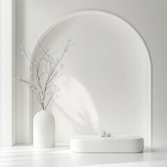 Aufkleber - Serene white interior backdrop with curved arch vase and soft light evoking minimalist aesthetic and calm visual mood