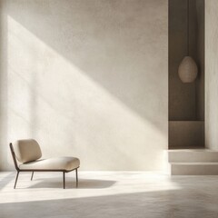 Poster - Minimalist interior with a beige chair modern lighting in neutral tones creating a serene contemporary ambiance