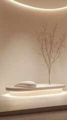 Poster - Serene studio setup with ambient lighting casting a soft glow on the neutral minimalist design and slender tree branch