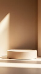 Poster - Minimalist Round Podium on Sand Colored Surface with Light and Shadow in Abstract Style Scene