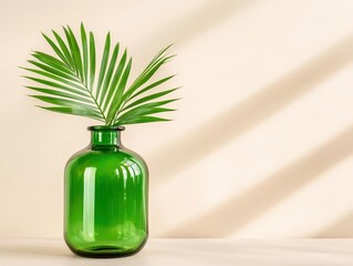Fototapete - A green glass vase with palm leaves on the table, natural light and shadow, highresolution photography, highquality photo, minimalist background, product photography, real photos