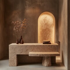 Poster - Interior composition of stone table with flower in the vase and archway modern design with studio shot and neutral color