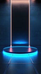 Aufkleber - Abstract Neon Lit Stage Backdrop Featuring a Circular Podium, Geometric Texture and Modern Light Panels
