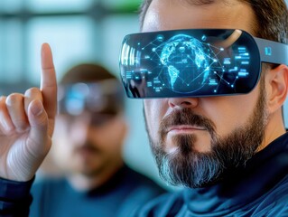 Leinwandbilder - A group of designer are using a futuristic sophisticated technology screen with augmented reality holograms for a new worldwide global project realization in an office