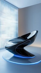 Aufkleber - Sleek Futuristic Chair Art Installation with Blue Neon Lighting  Modern Design Aesthetic Gallery Display
