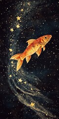 Wall Mural - a gold fish is swimming in the stars. the stars are scattered throughout the sky, creating a sense o