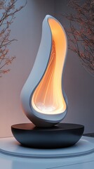 Aufkleber - Modern White Sculptural Piece Glowing with Warm Light against a Textured Gray Wall and Floral Branches