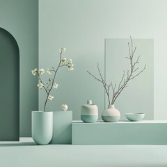 Aufkleber - Serene Still Life Composition of Vases and Floral Elements Against a Soft Green Minimalist Backdrop
