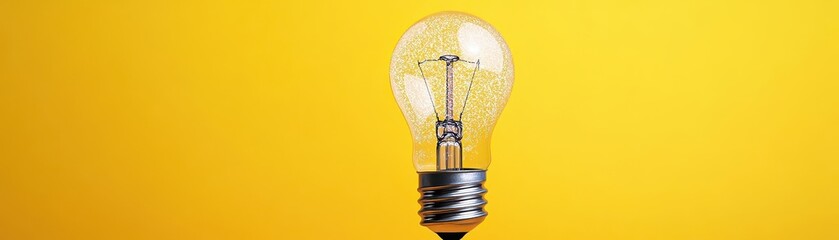 Poster - A light bulb emitting sparkling light on a yellow background, representing creativity, innovation, bright ideas, and inspiration in a vivid and energetic way