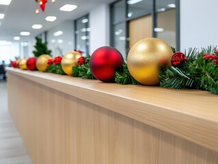 Fototapete - A modern reception desk with holiday decorations in a coworking space