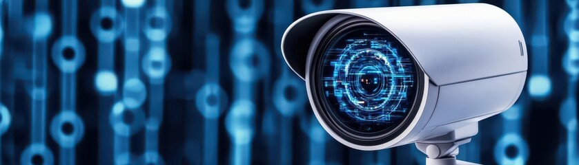 Aufkleber - A modern surveillance camera with a double exposure of the cybersecurity interface in the future The concept of data protection