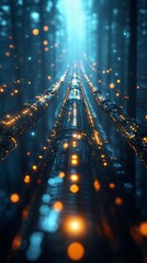 Wall Mural - a long, glowing, metallic pipe with a blue background. the pipe is lit up with bright orange lights,