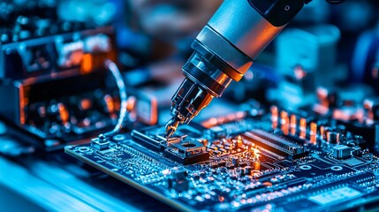 Poster - high tech robotic arm assembling electronic circuit board close up view