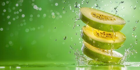 Poster - Fresh Green Melon Slices Splashing in Water with Green Background