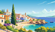 © Digital Nomad - Mediterranean sea beach landscape. Italy, Greece, Spain Travel destination. Seaside with old traditional houses. Vector colorful illustration of european coast. Summer banner, poster, background.