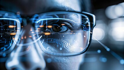 Poster - Close-up of a person wearing glasses with a digital overlay on the lenses.